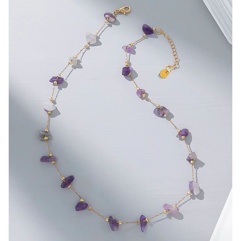 Natural Raw Amethyst Gemstone Necklace Gold Beaded Station Adjstbl Chain Crystal